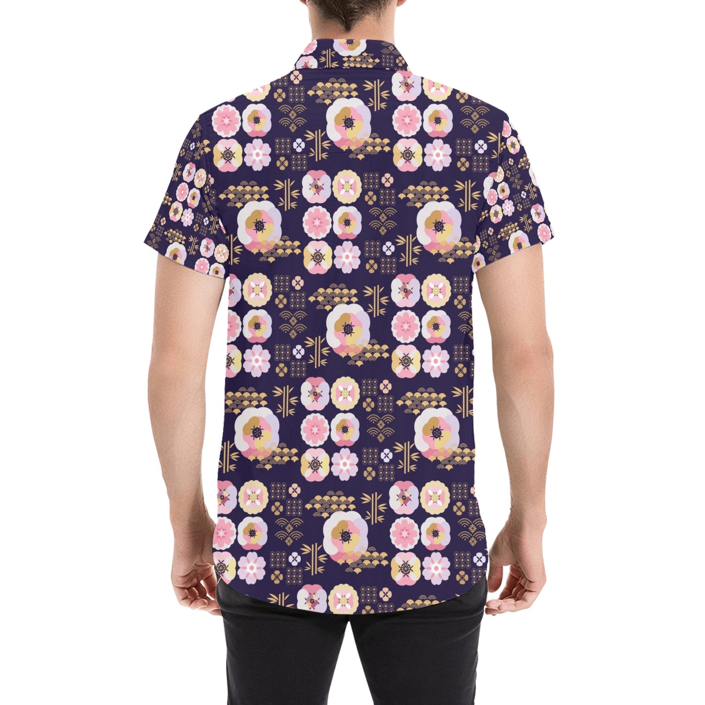 Sakura Japan Style Print Design LKS302 Men Short Sleeve Button Up Shirt
