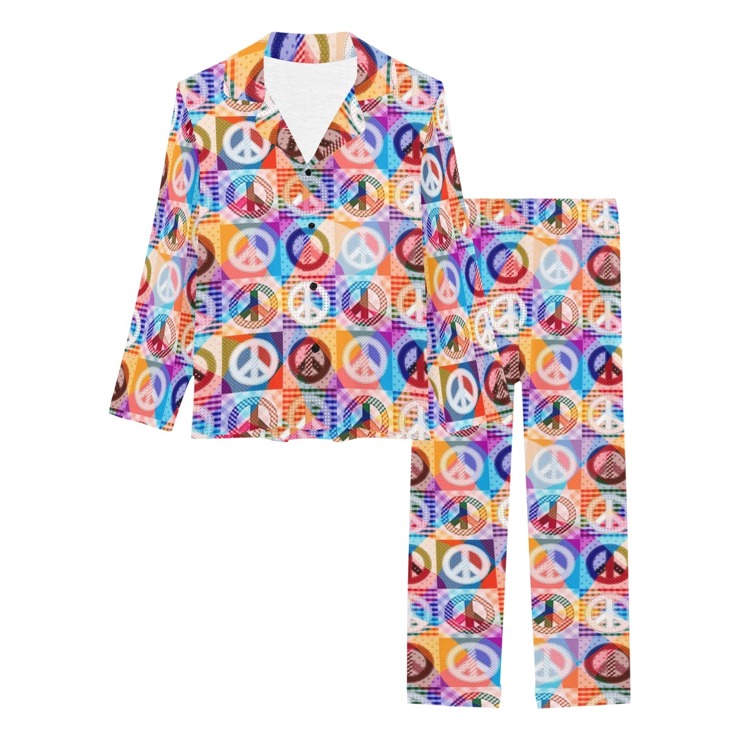 Peace Sign Patchwork Design Print Women's Long Pajama Set