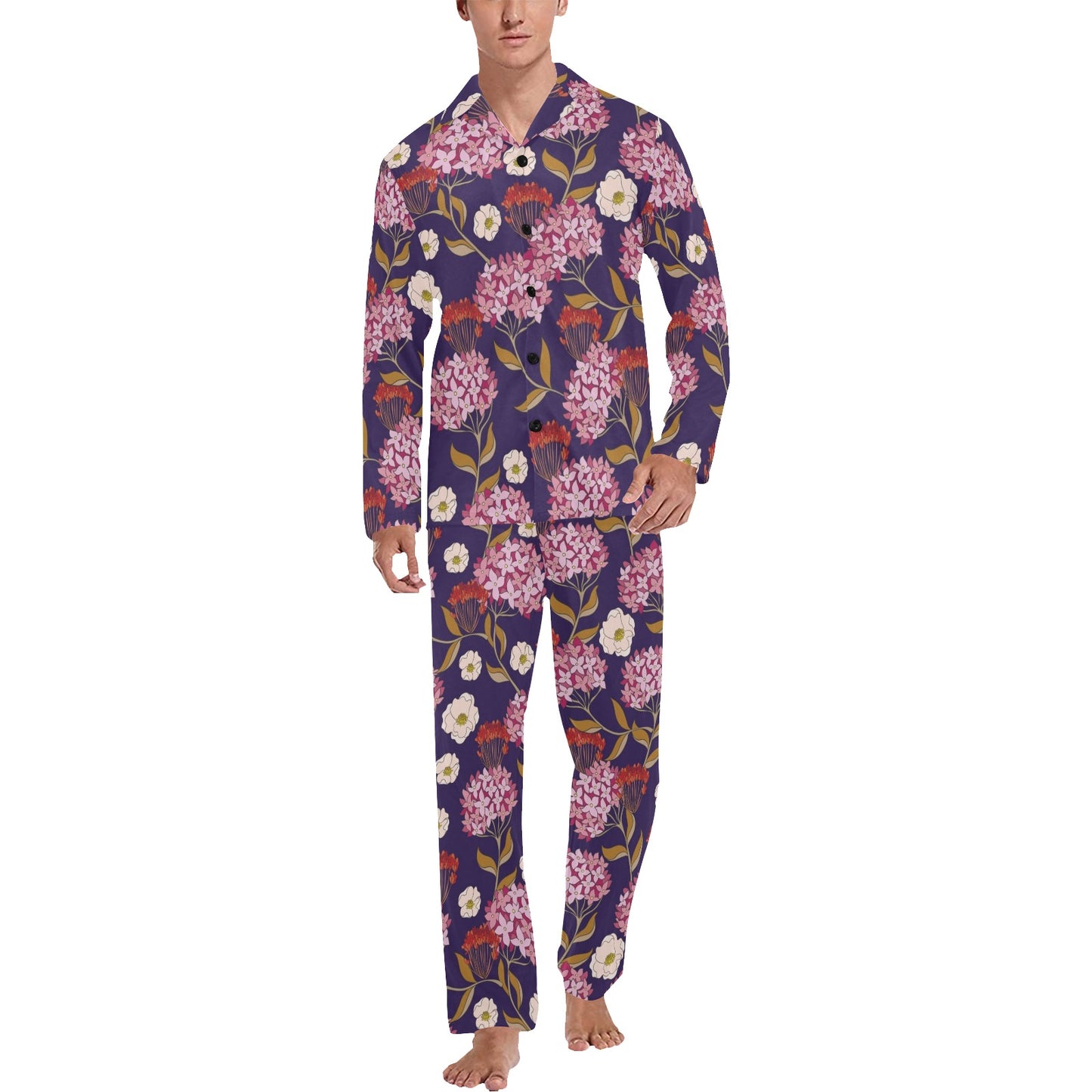 Hydrangea Pattern Print Design HD010 Men's Long Pajama Set