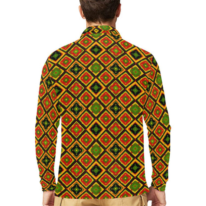 Rasta Reggae Color Pattern Long Sleeve Polo Shirt For Men's