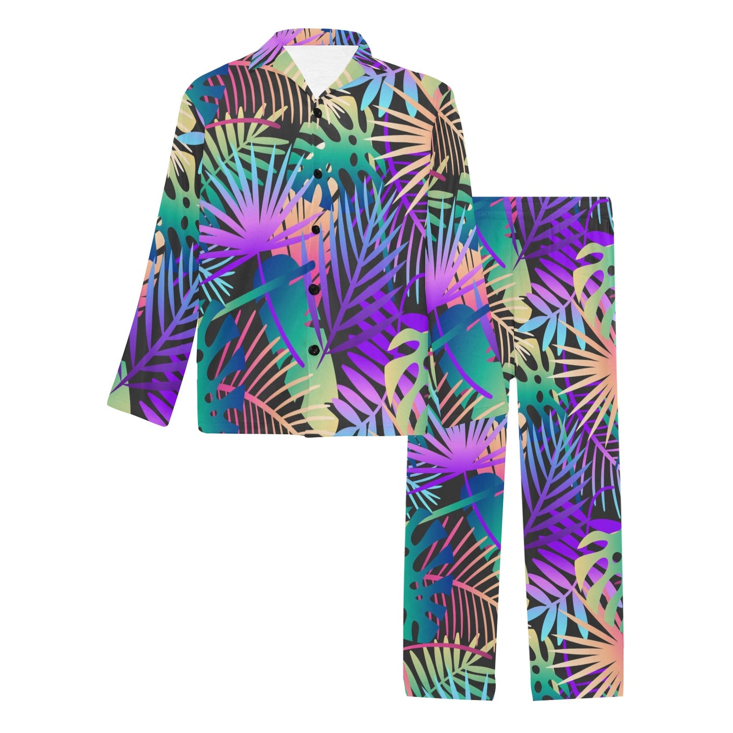 Neon Flower Tropical Palm Leaves Men's Long Pajama Set