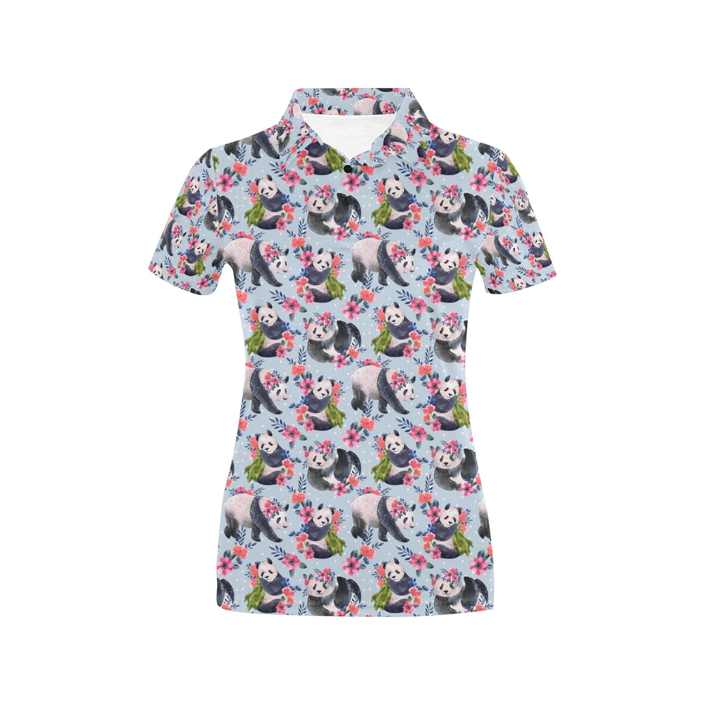 Panda Bear Flower Design Themed Print Women's Polo Shirt