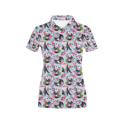 Panda Bear Flower Design Themed Print Women's Polo Shirt