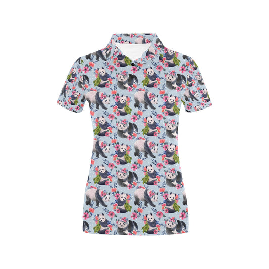 Panda Bear Flower Design Themed Print Women's Polo Shirt