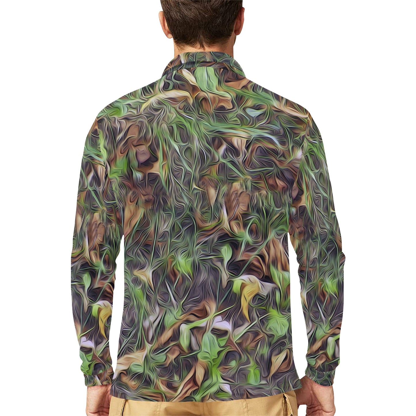 Camouflage Realistic Tree Print Long Sleeve Polo Shirt For Men's