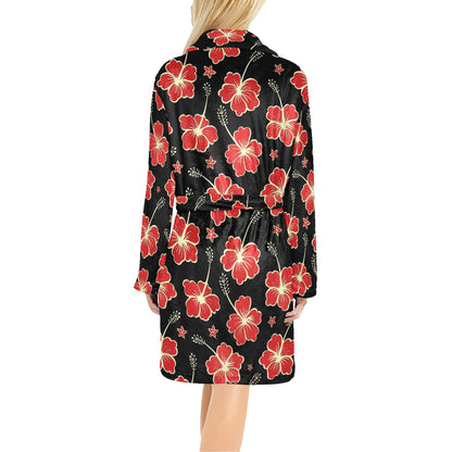 Red Hibiscus Pattern Print Design HB021 Women's Fleece Robe