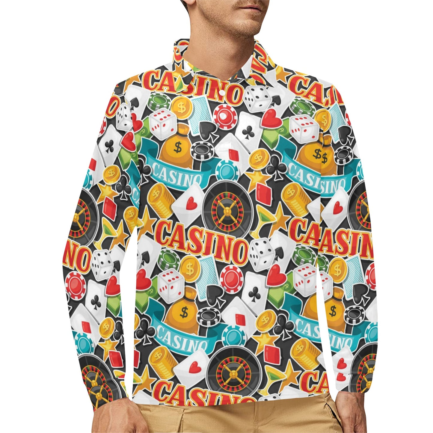Casino Pattern Print Design 03 Long Sleeve Polo Shirt For Men's