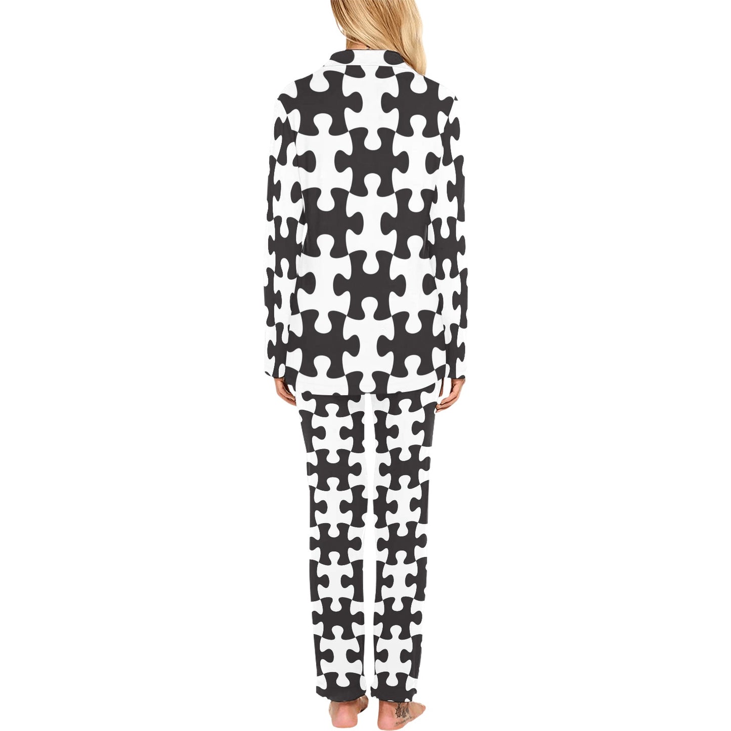 Puzzle Black White Pattern Print Design A02 Women's Long Pajama Set