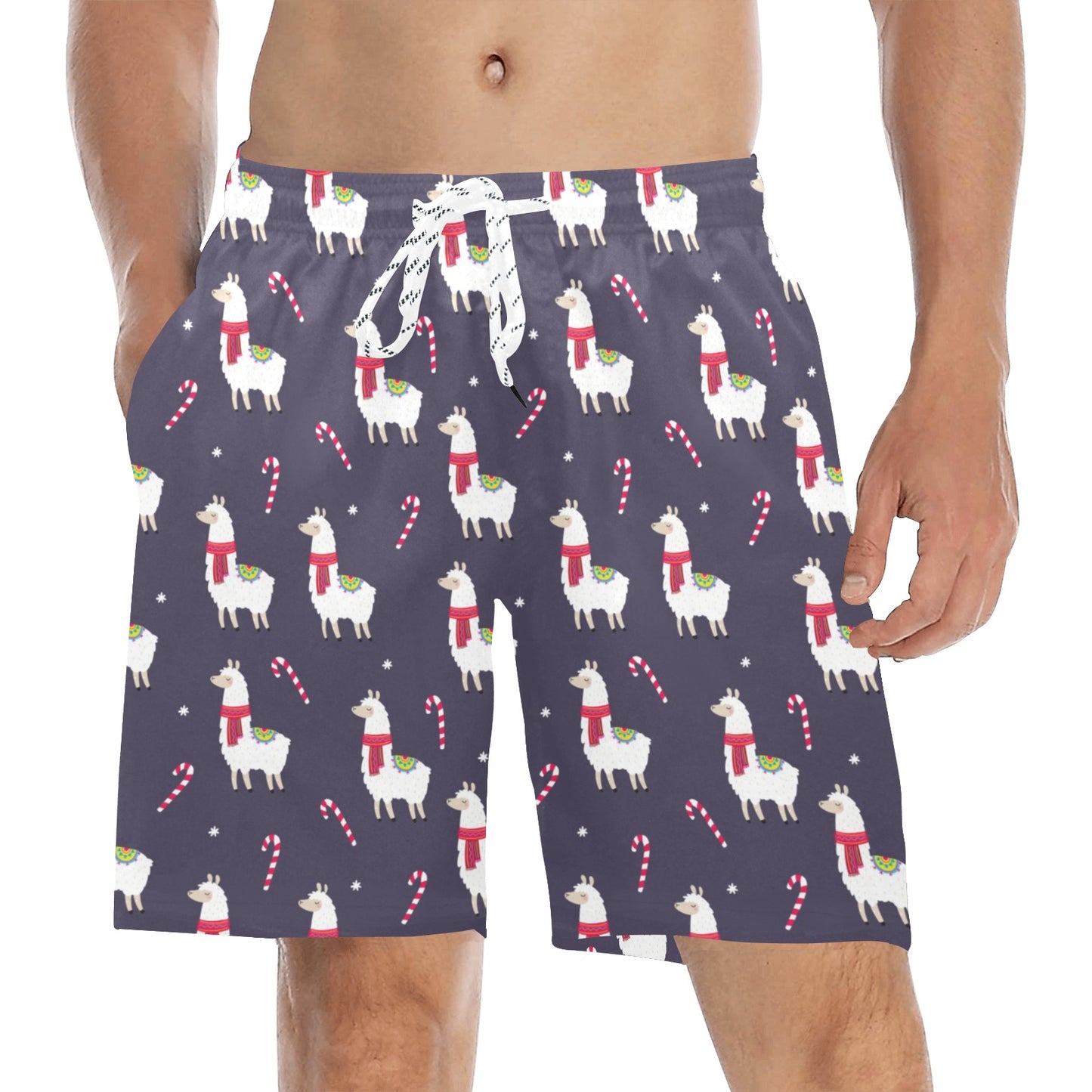 Llama with Candy Cane Themed Print Men's Swim Trunks Beach Shorts