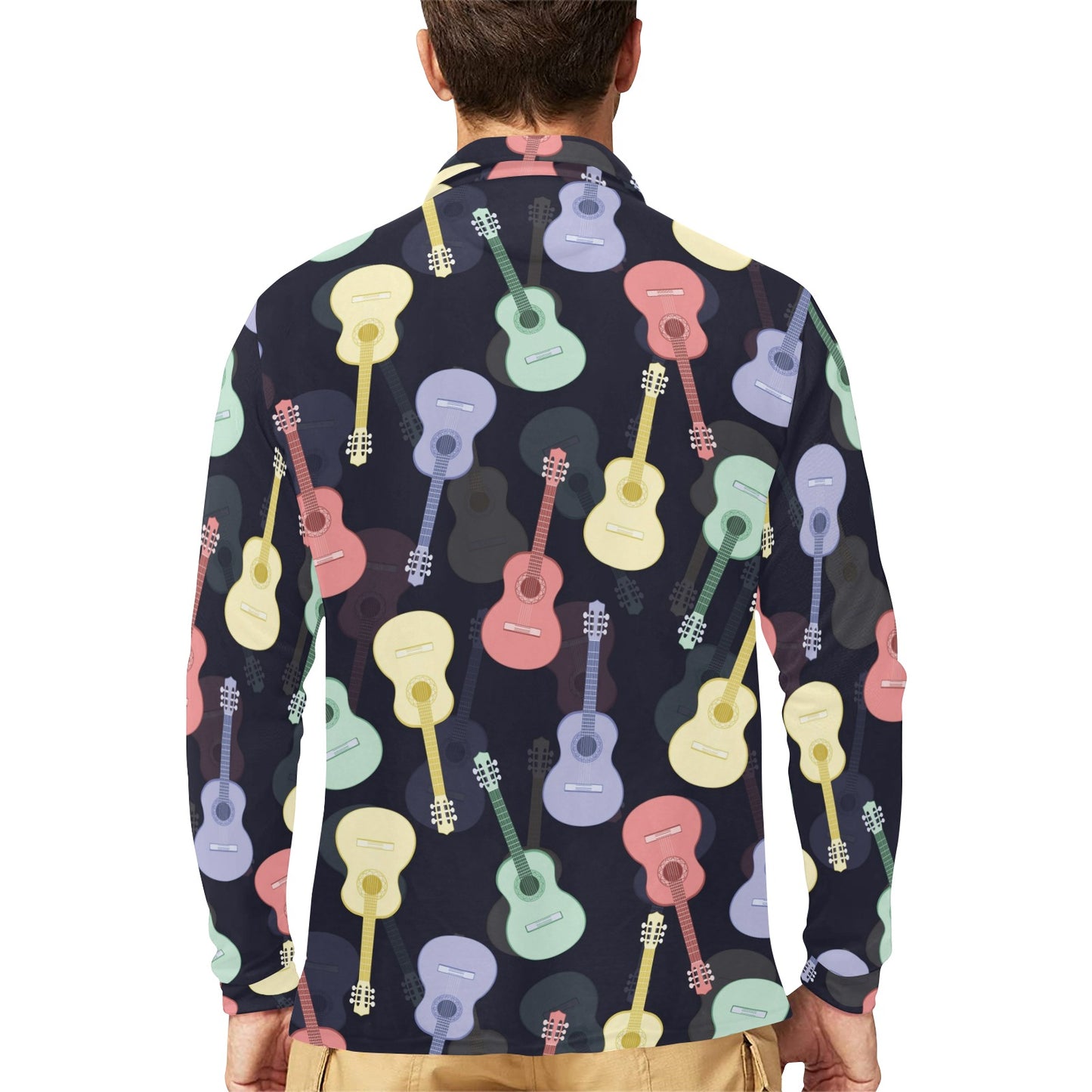 Acoustic Guitar Print Design LKS401 Long Sleeve Polo Shirt For Men's