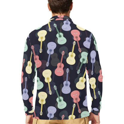 Acoustic Guitar Print Design LKS401 Long Sleeve Polo Shirt For Men's