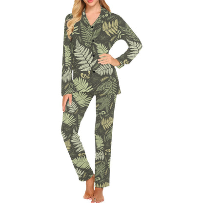 Fern Leave Green Print Pattern Women's Long Pajama Set
