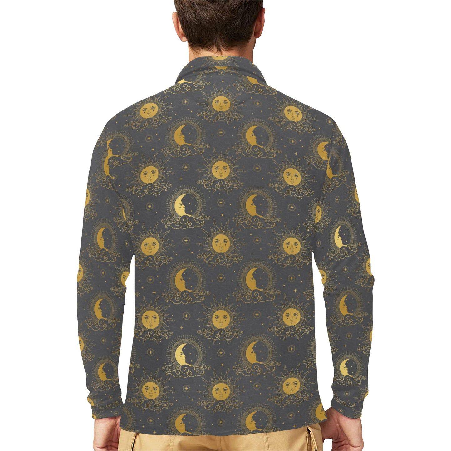 Sun Moon Print Design LKS305 Long Sleeve Polo Shirt For Men's
