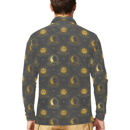 Sun Moon Print Design LKS305 Long Sleeve Polo Shirt For Men's