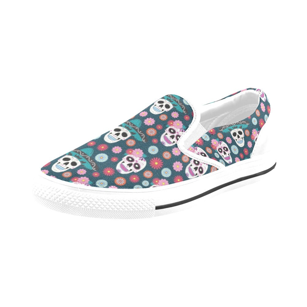 Sugar Skull Print Design LKS308 White Slip Ons Canvas Women's Shoes