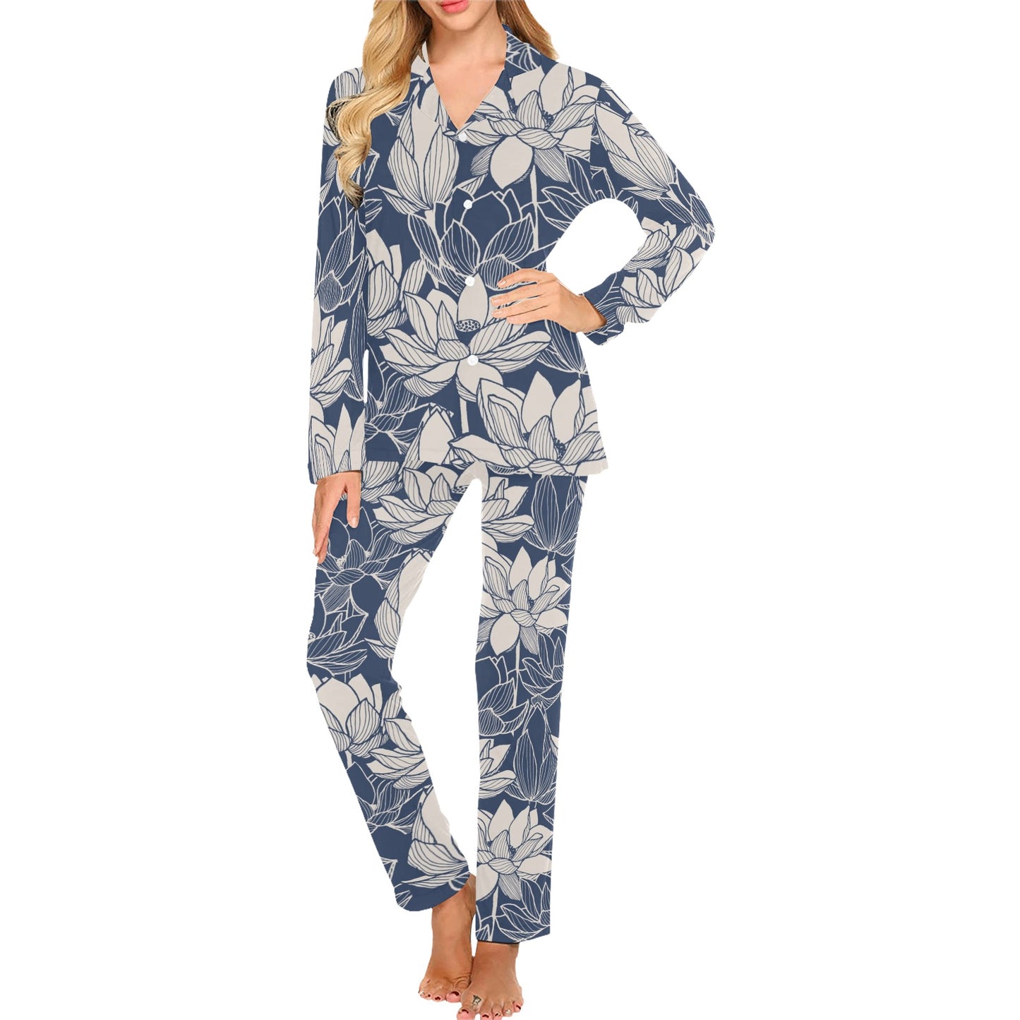 Water Lily Pattern Print Design WL04 Women's Long Pajama Set
