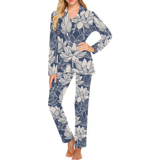 Water Lily Pattern Print Design WL04 Women's Long Pajama Set