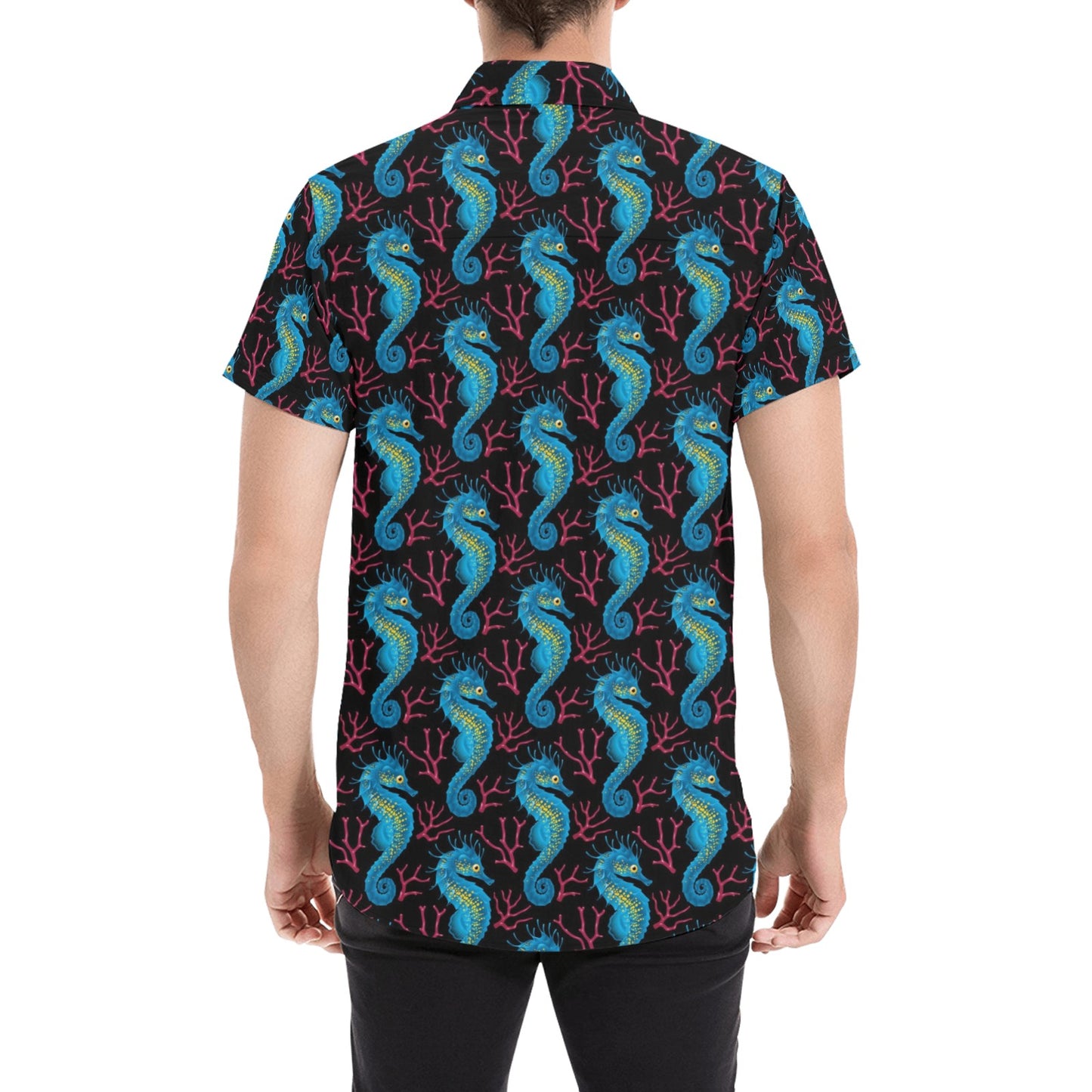 SeaHorse Print Design LKS401 Men Short Sleeve Button Up Shirt