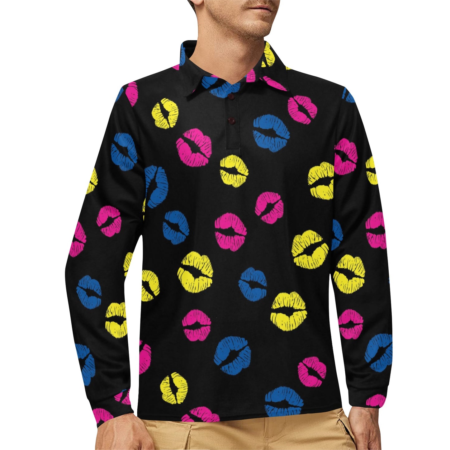 Lip Neon Color Pattern Print Design 01 Long Sleeve Polo Shirt For Men's
