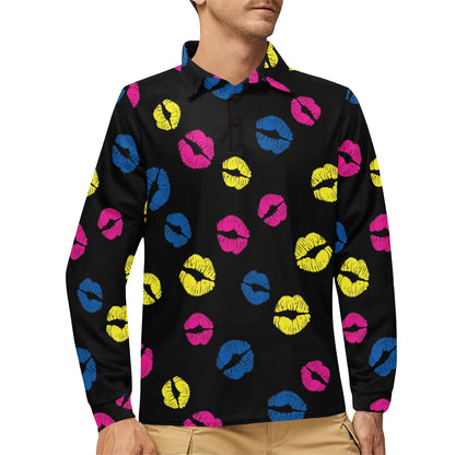 Lip Neon Color Pattern Print Design 01 Long Sleeve Polo Shirt For Men's
