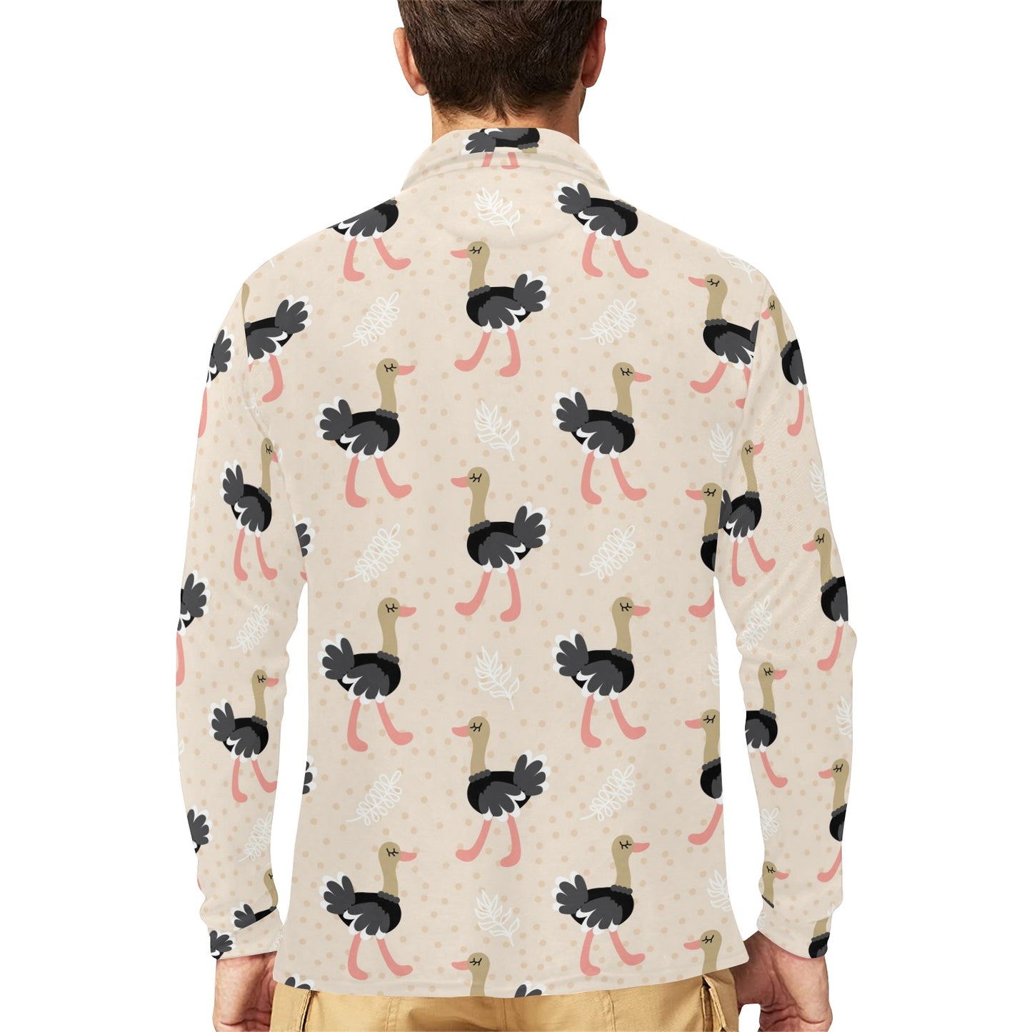 Ostrich Pattern Print Design 02 Long Sleeve Polo Shirt For Men's