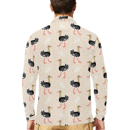 Ostrich Pattern Print Design 02 Long Sleeve Polo Shirt For Men's
