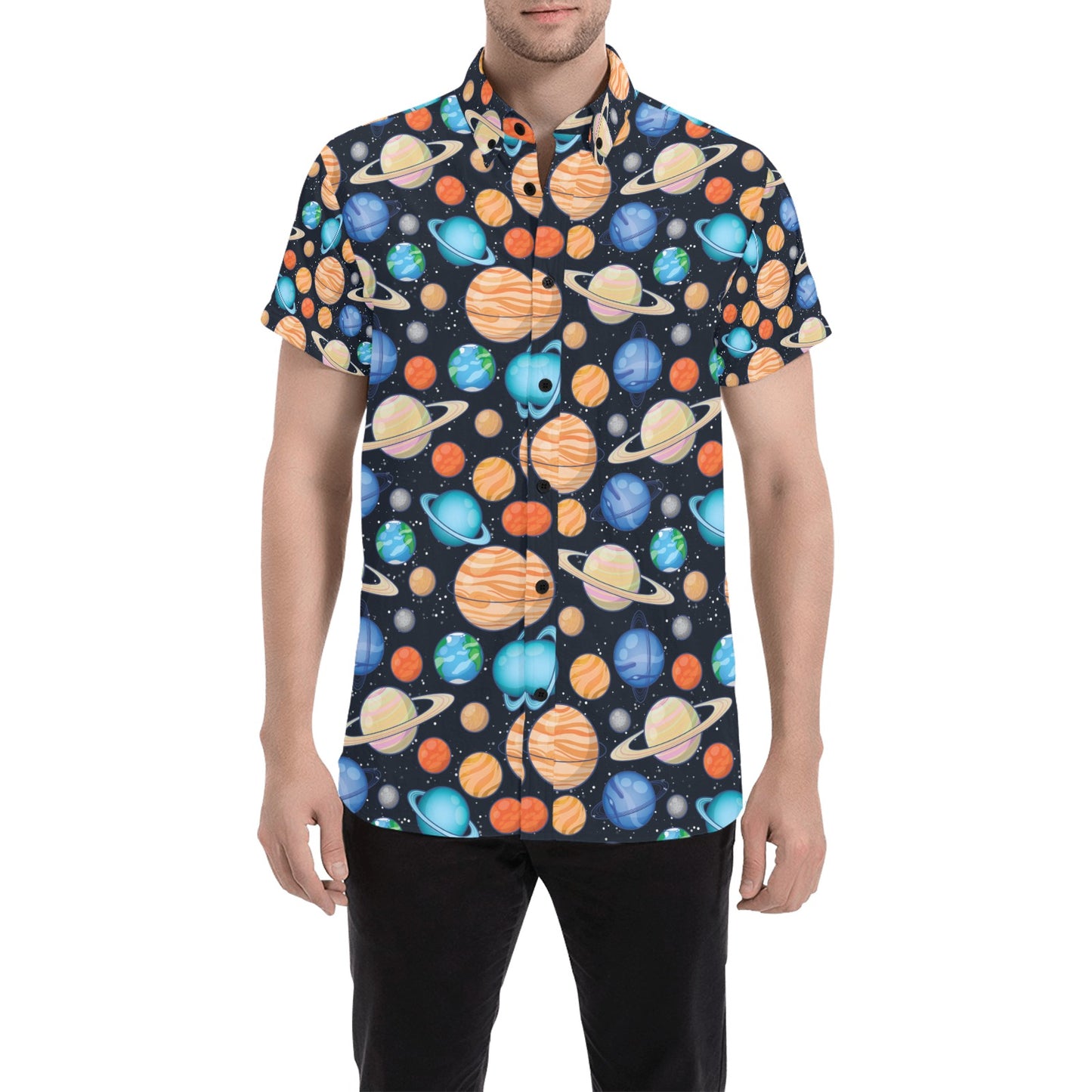 Planet Colorful Print Design LKS301 Men Short Sleeve Button Up Shirt