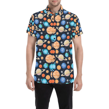 Planet Colorful Print Design LKS301 Men Short Sleeve Button Up Shirt