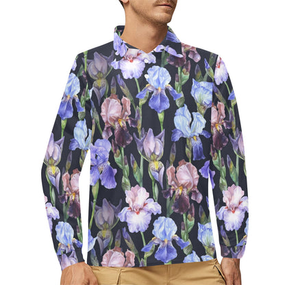 Iris Pattern Print Design IR04 Long Sleeve Polo Shirt For Men's