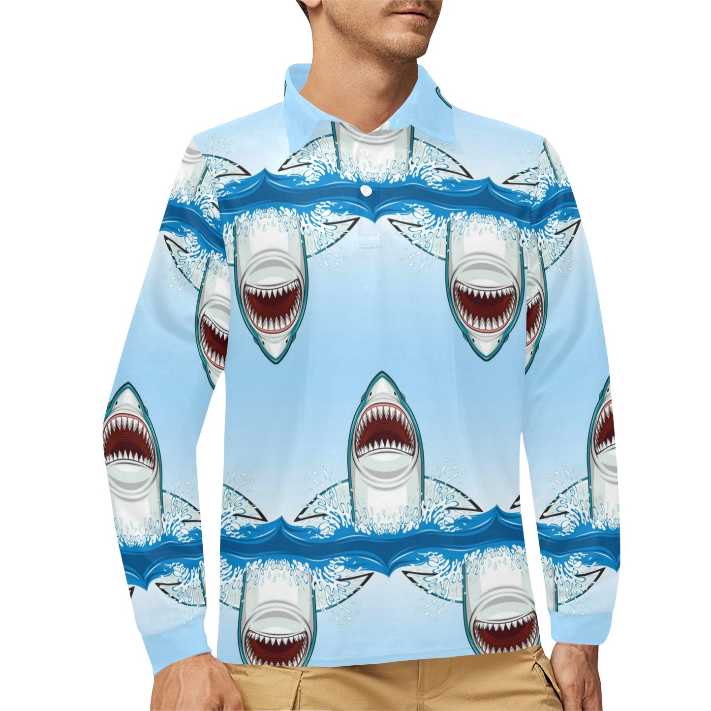 Shark Bite Long Sleeve Polo Shirt For Men's