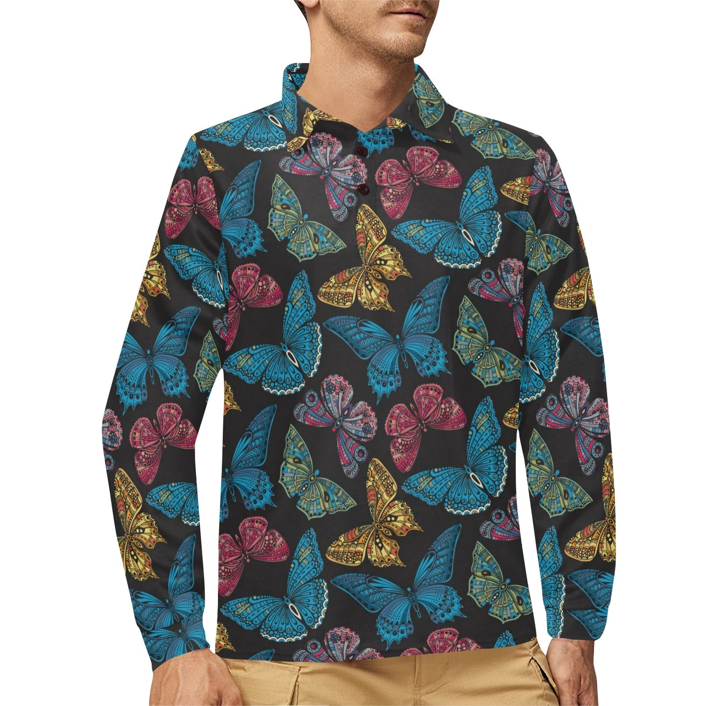 Butterfly Mandala Style Long Sleeve Polo Shirt For Men's