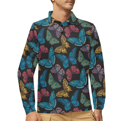 Butterfly Mandala Style Long Sleeve Polo Shirt For Men's