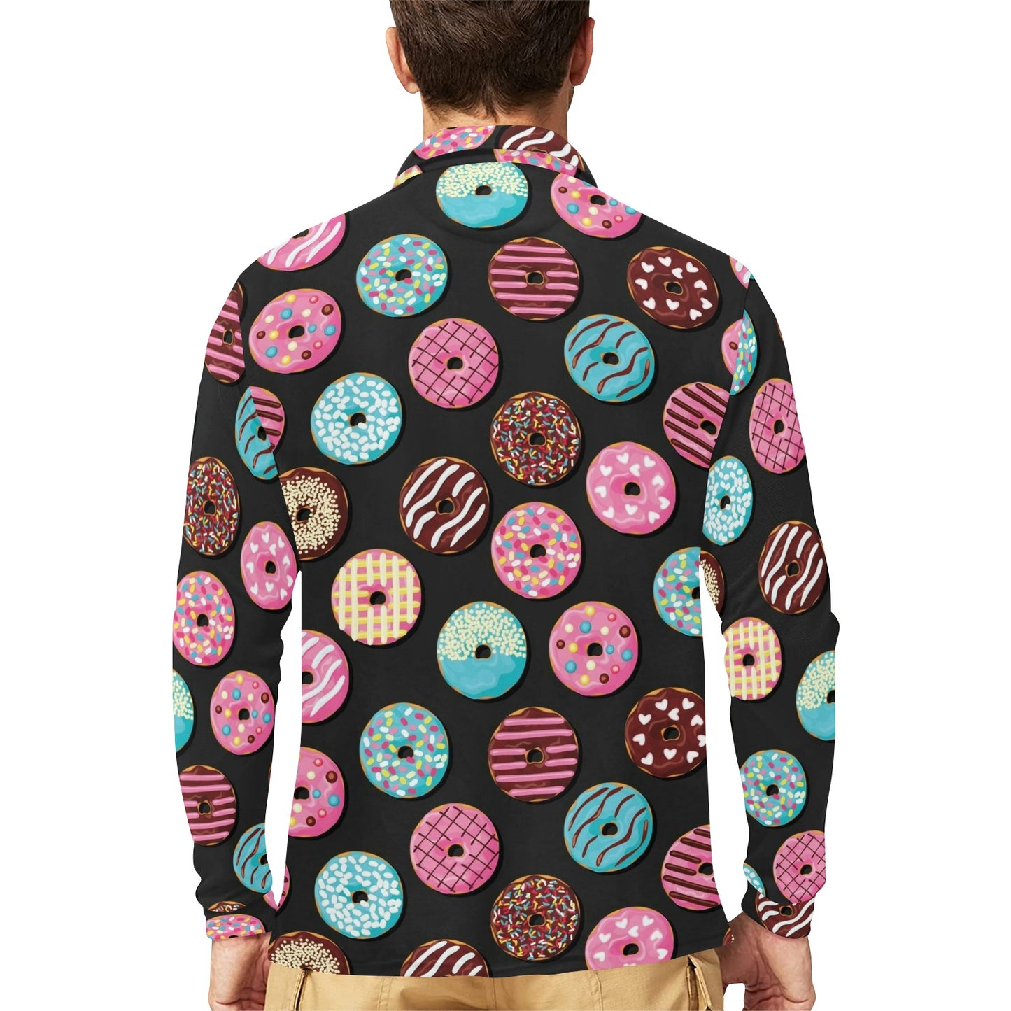Donut Pattern Print Design DN02 Long Sleeve Polo Shirt For Men's