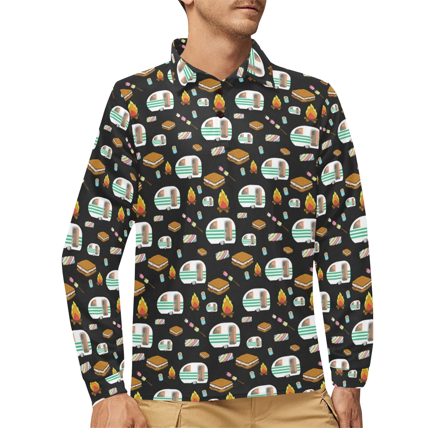 Camper marshmallow Camping Design Print Long Sleeve Polo Shirt For Men's