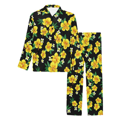 Yellow Hibiscus Pattern Print Design HB08 Men's Long Pajama Set