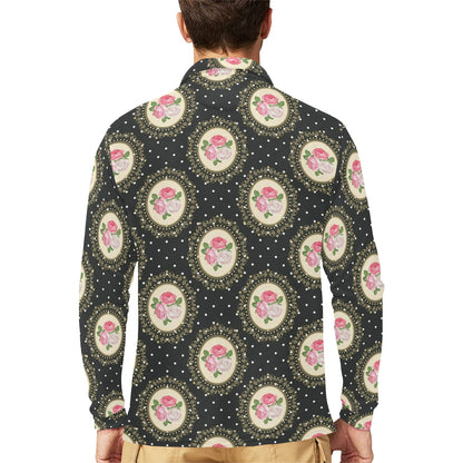 Rose Pattern Print Design RO015 Long Sleeve Polo Shirt For Men's