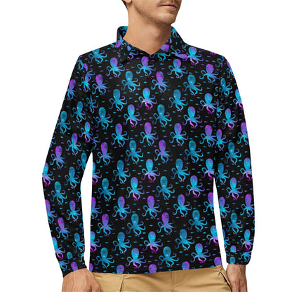 Octopus Blue Design Print Themed Long Sleeve Polo Shirt For Men's
