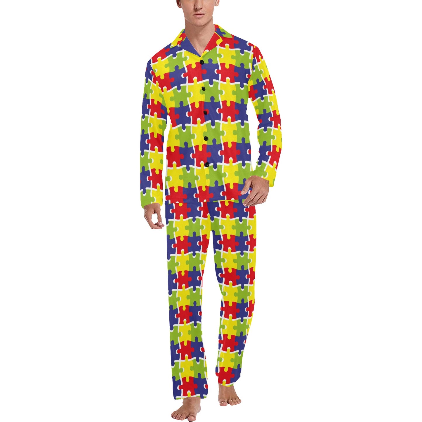 Autism Awareness Pattern Print Design 03 Men's Long Pajama Set