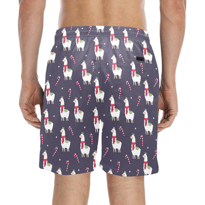 Llama with Candy Cane Themed Print Men's Swim Trunks Beach Shorts
