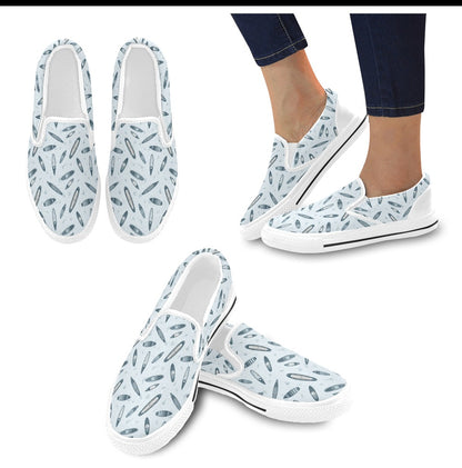 Surfboard Print Design LKS306 White Slip Ons Canvas Women's Shoes