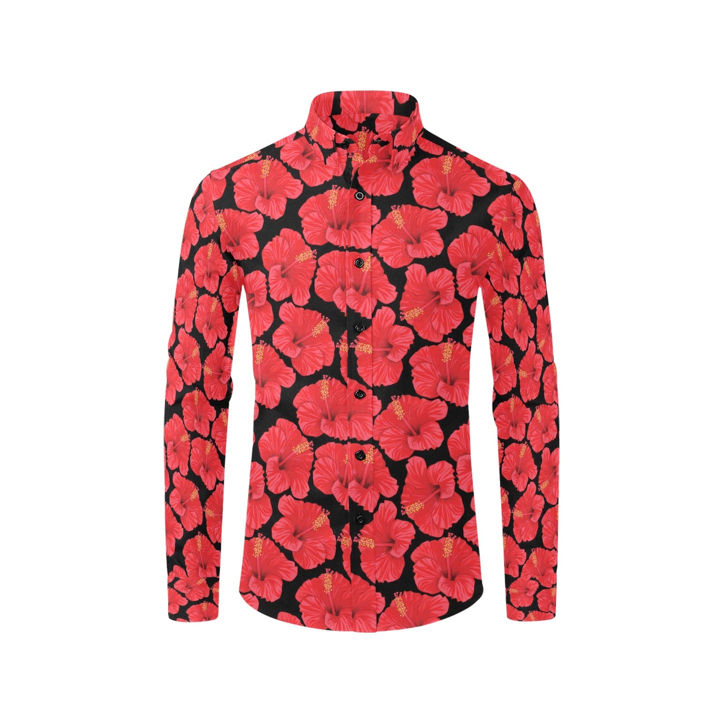 Hibiscus Red Pattern Print Design LKS306 Men's Long Sleeve Dress Shirt