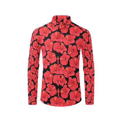 Hibiscus Red Pattern Print Design LKS306 Men's Long Sleeve Dress Shirt