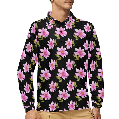 Magnolia Pattern Print Design MAG06 Long Sleeve Polo Shirt For Men's