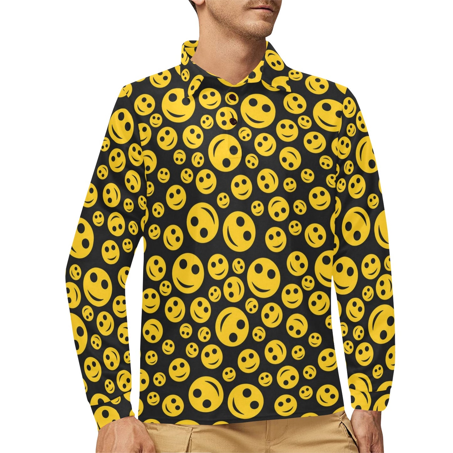 Smiley Face Emoji Print Design LKS304 Long Sleeve Polo Shirt For Men's
