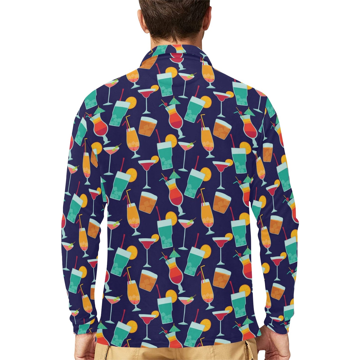 Cocktail Pattern Print Design 06 Long Sleeve Polo Shirt For Men's