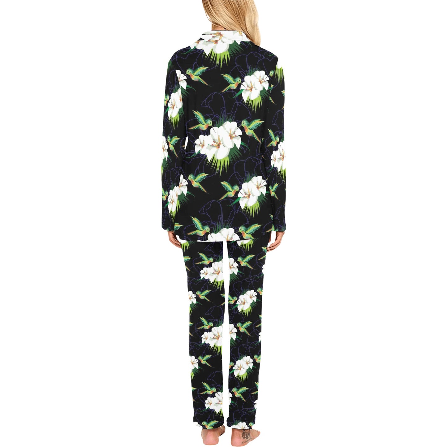 Hummingbird with Flower Pattern Print Design 03 Women's Long Pajama Set