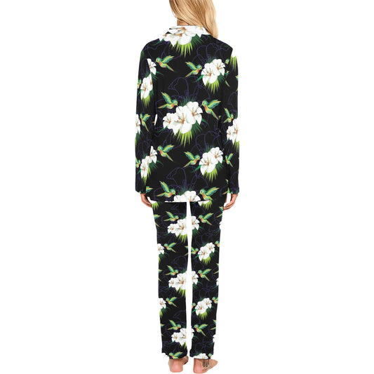 Hummingbird with Flower Pattern Print Design 03 Women's Long Pajama Set