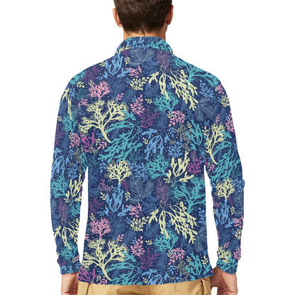 Seaweed Print Design LKS301 Long Sleeve Polo Shirt For Men's
