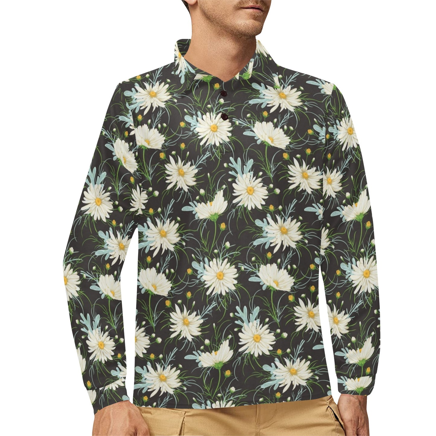 Daisy Pattern Print Design DS08 Long Sleeve Polo Shirt For Men's