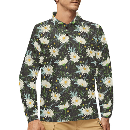 Daisy Pattern Print Design DS08 Long Sleeve Polo Shirt For Men's